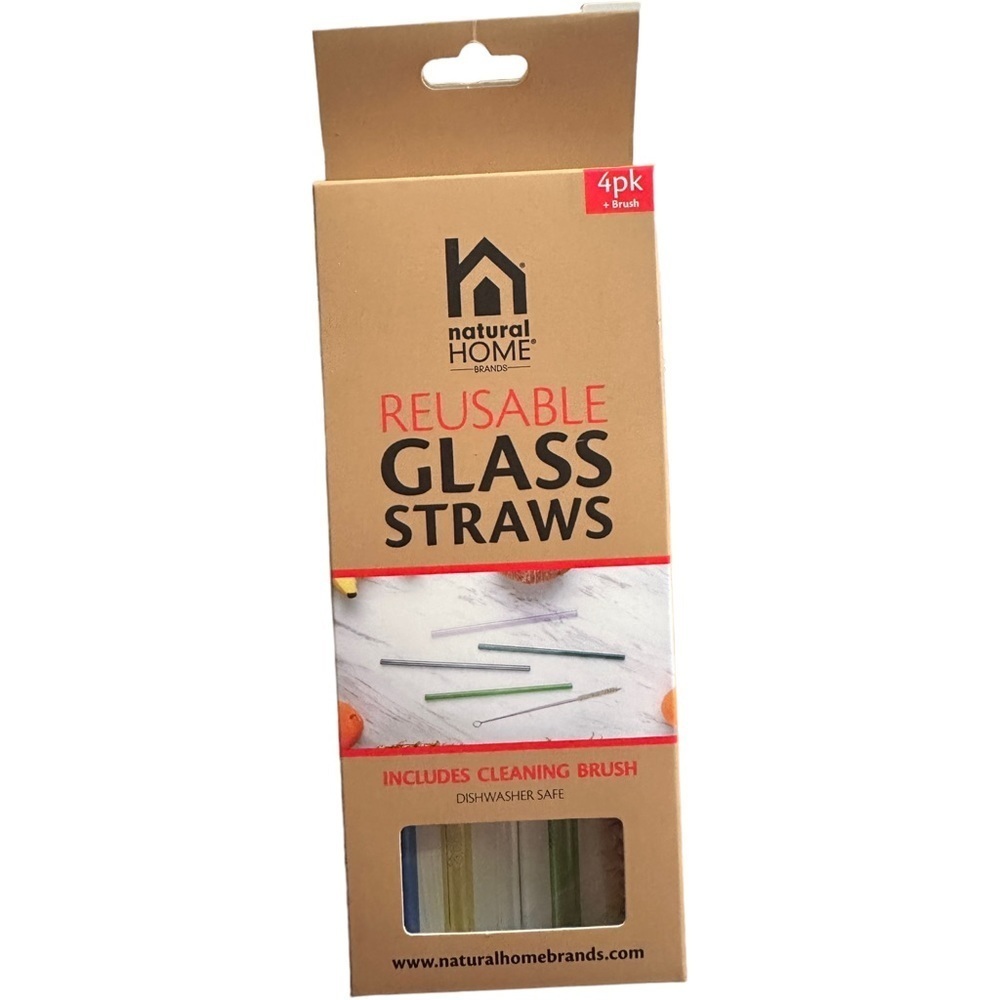 New In Package 4 PK Colorful Glass Straws With Cleaning Brush